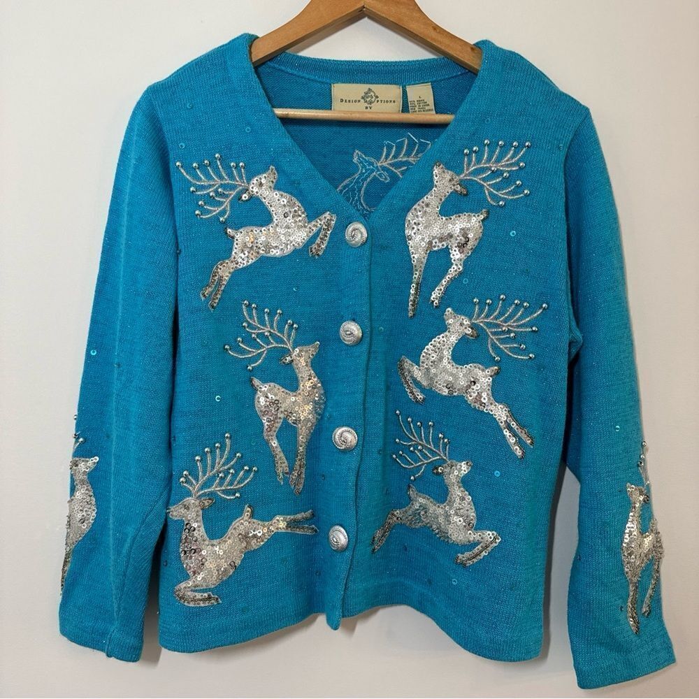 Design Options Blue Silver Cardigan Reindeer Sequins Christmas Sweater Large